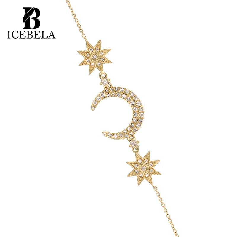 Wholesale Fine Jewelry Trendy Chic 925 Sterling Silver Light Luxury Unique Moon Star Charm Zircon Chain Bracelet for Women