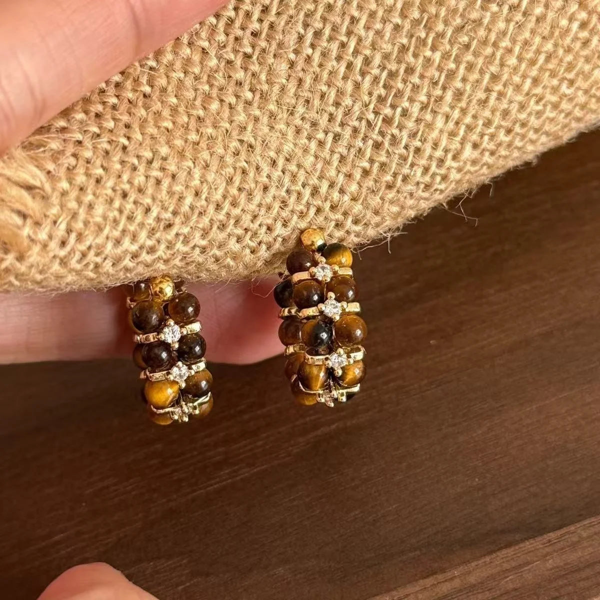 Chakra Healing Stone Natural tiger Eye S925 Needle Trendy Hoop Earrings for Sleep and  Regulating  Endocrine Function