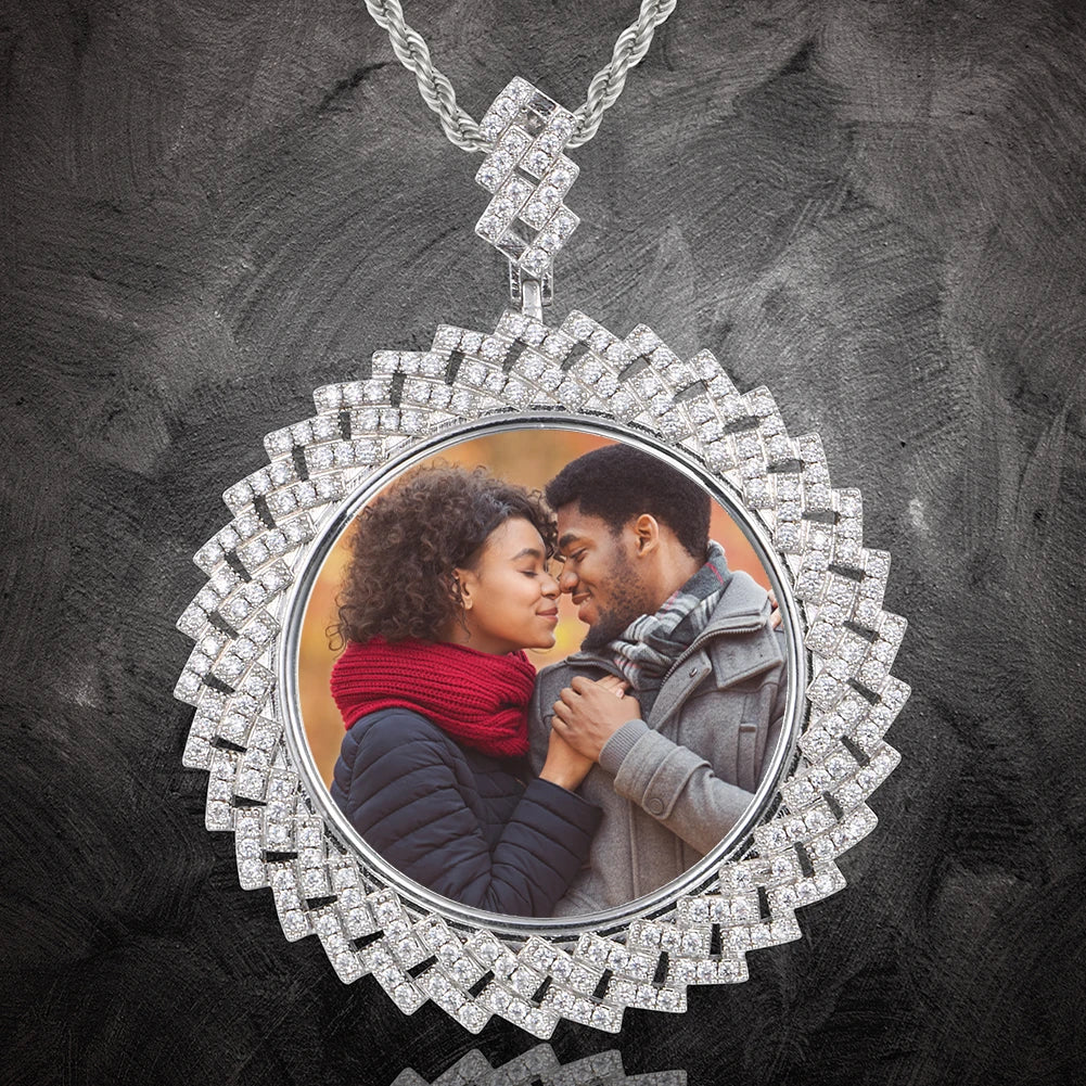 Personality Memorial Jewelry Wholesale White Gold Brass Full Micro Paved 5A Zircon Diamond Cuban Side Photo Pendant