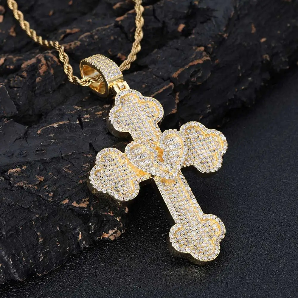 Large Gold-Plated Bling Cubic Zircon Cross Pendant Necklace New Style Heart Cross for Men and Women Fine Jewelry for Gift