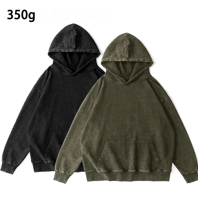 2023 New Vintage Men's Heavyweight 350g Hoodies Custom Logo Acid Washed Oversized 100% Cotton Sweatshirt for Autumn Season
