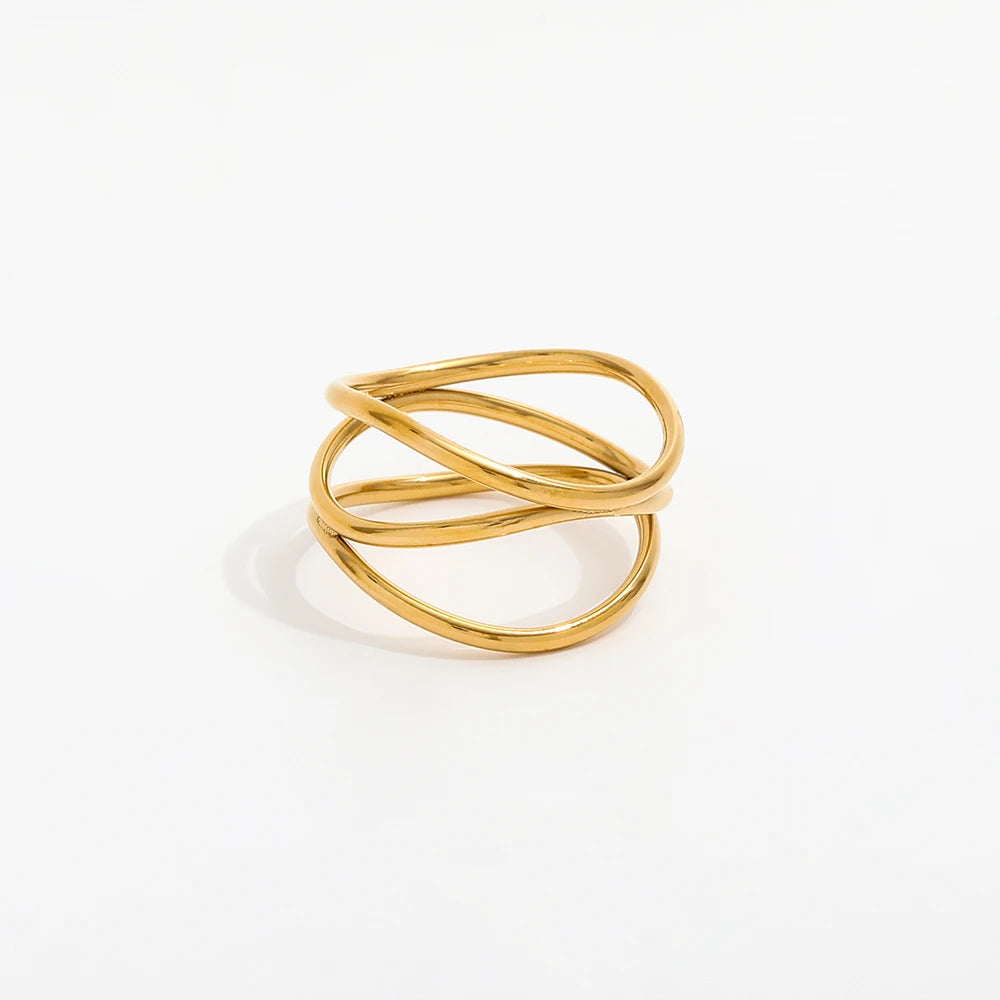 Tarnish Free High End 18K Gold Plated Three Layer Twist Statement Rings for Women Stainless Steel Jewelry