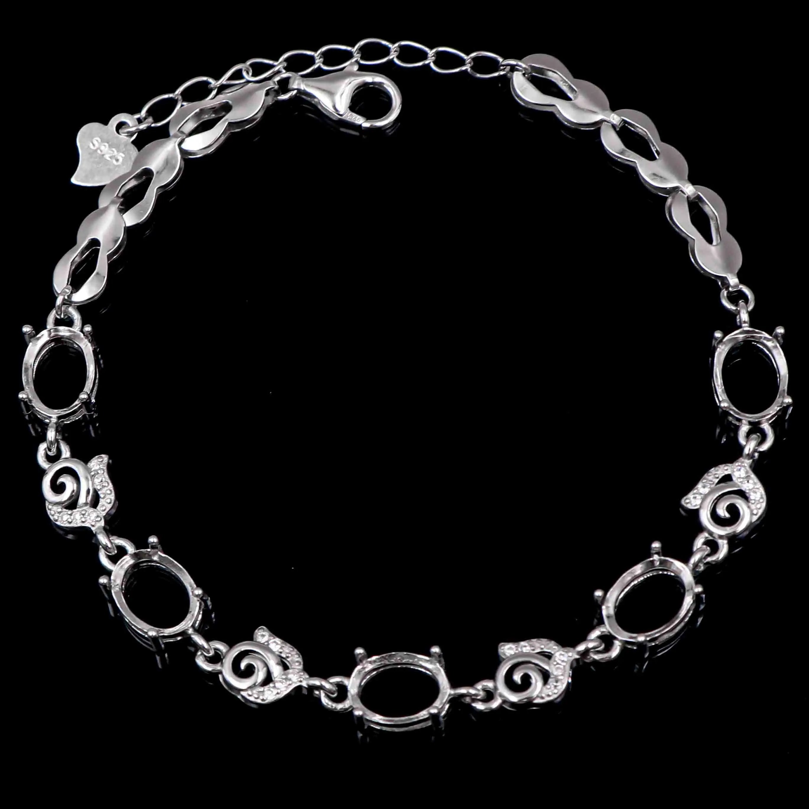 Sterling Silver 6*8mm Semi Mount Bracelet Empty Frame Blank Claws Setting S925 Base Holder Without Center Stone Inlay for DIY