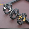 Wholesale Boys Fashion Jewelry Vintage Multi Layer Black Braided Cross Cuff Leather Bracelet Men