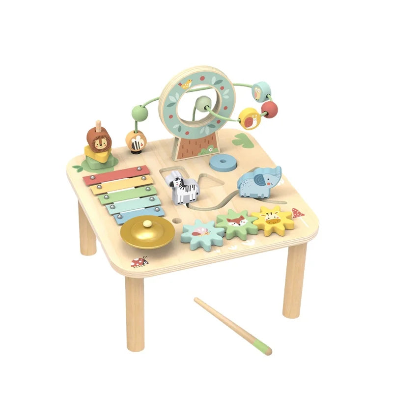 Children's Wooden Activity Table Game Toy Music Beaded Maze Gear Animal Multi-function Table Play Toy