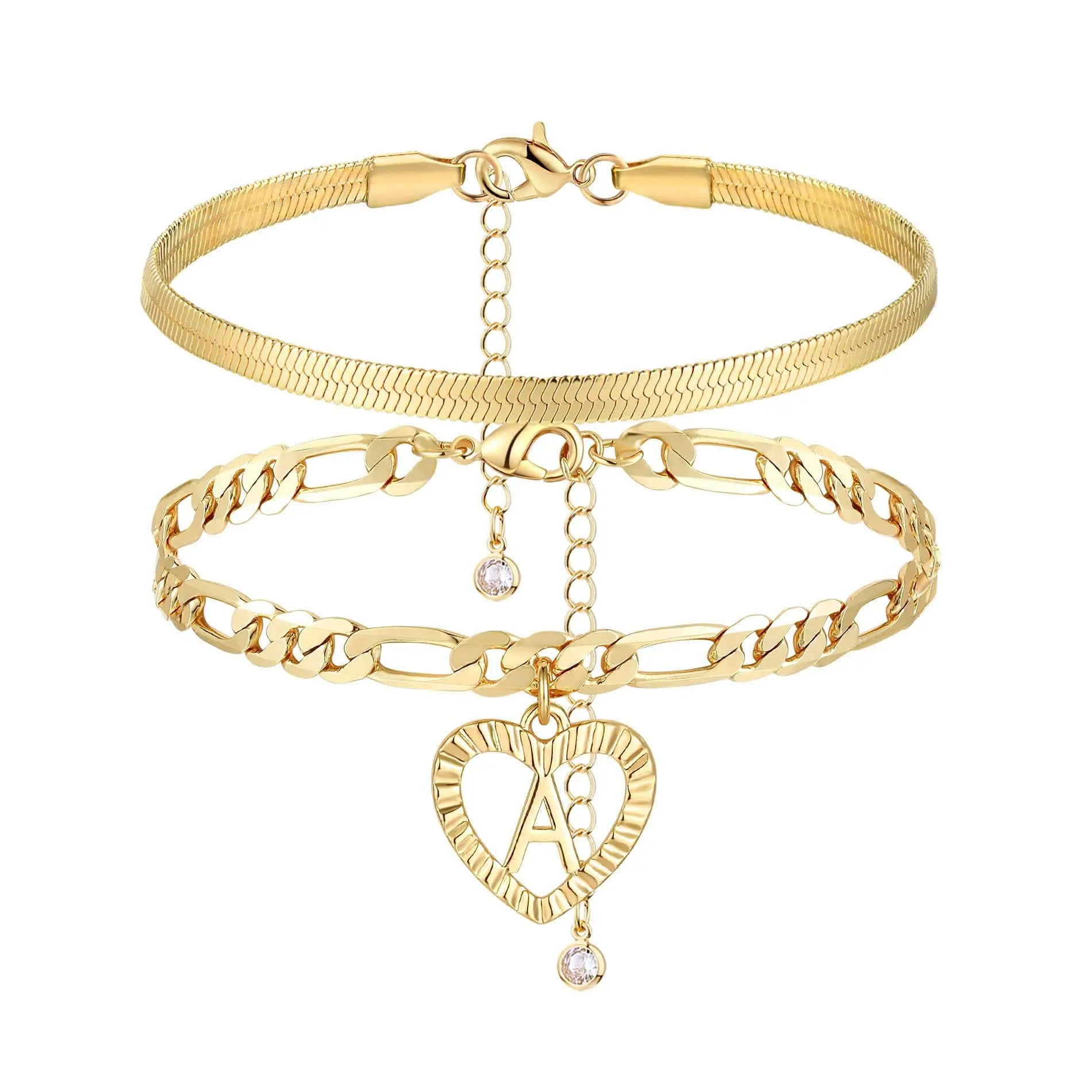 Women's Stainless Steel Gold Plated Layered Figaro Chain Initial Letter Heart Ankles Personalized Trendy Bracelets