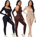 Women Long Sleeve Full Length Leggings Bodycon Jumpsuit-Casual Workout Yoga Ribbed Seamless One Piece Bodysuit