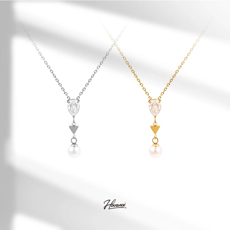 HOVANCI Fashion Waterproof Jewelry 18K Gold PVD Dainty Waterdrop Oval Zirconia Geometry Joint Pendant Stainless Steel Necklace