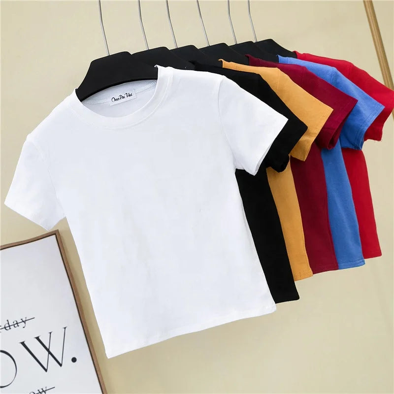 Green Crop Top T-Shirt Female Solid Cotton O-Neck Short Sleeve T-shirts for Women High Waist Slim Short Sport Femme T-Shirt