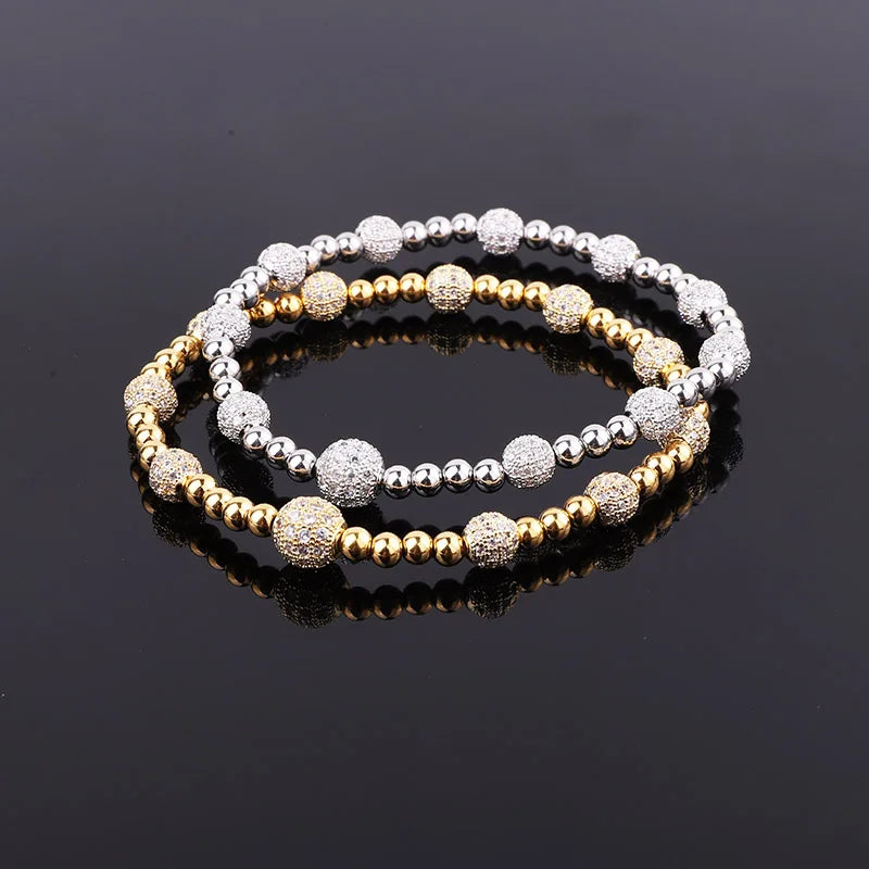 New Design Luxury CZ Pave Ball Charms PVD Plated Stainless Steel Beads Elastic Bracelet for Women