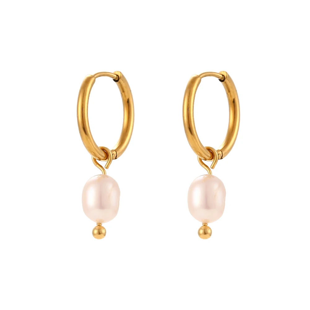 Waterproof 18K Gold Plated Jewelry Stainless Steel Baroque Freshwater Pearl Dangle Hoop Earring for Women
