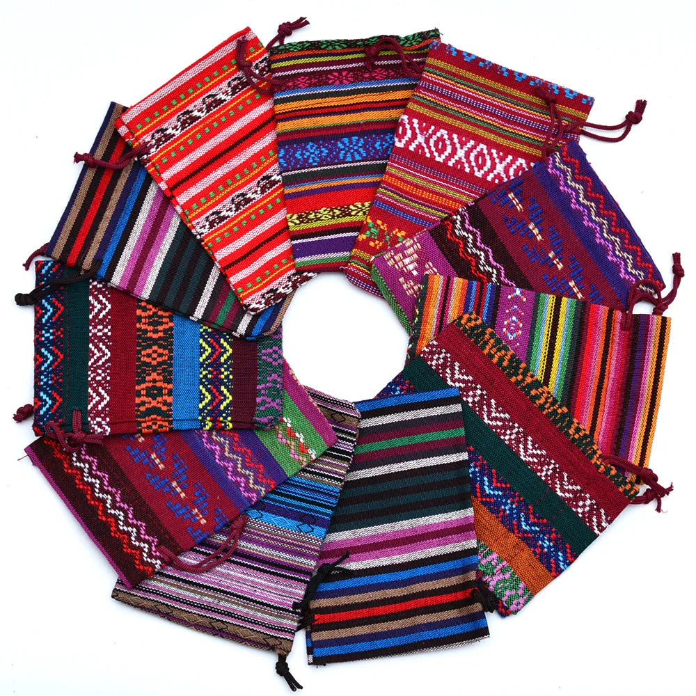 Wholesale Recyclable Reusable Bohemian Ethnic Style Cotton Linen Breathable Drawstring Jewellery Storage Pouches Christmas Gift