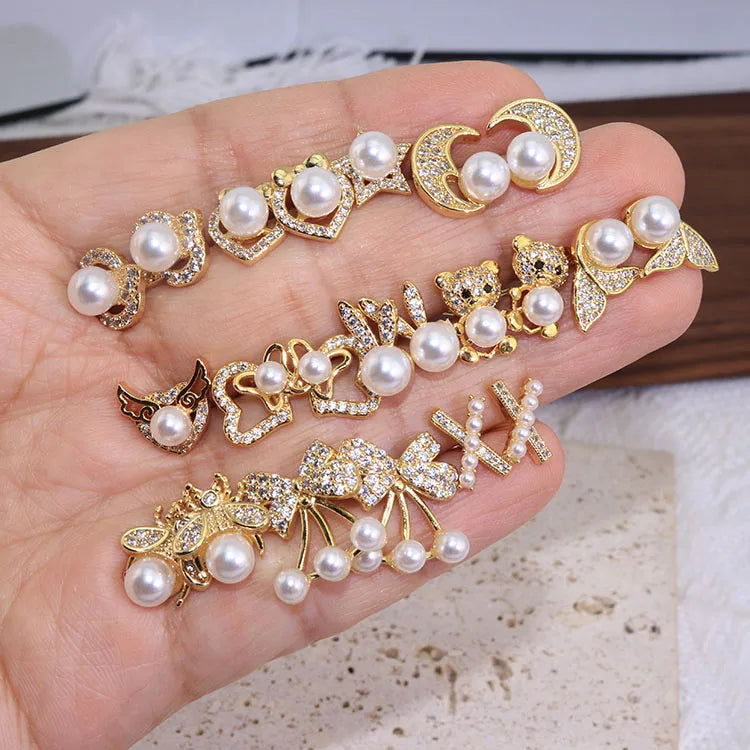 EC1856 Popular New 18k Gold Plated  Pearl CZ Micro Paved Crown Rabbit Bee Butterfly Bear Crescent Star Heart Stud Post Earrings