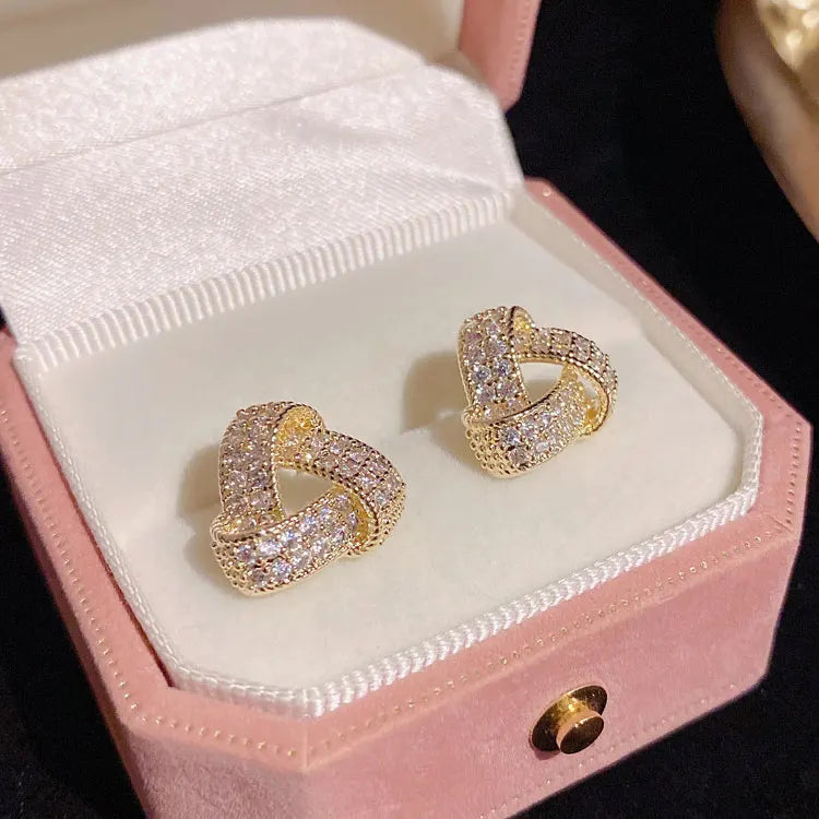 SC Korean Style Delicate 14K Gold Filled Earrings Jewelry Women Luxury Full Diamond Knotted Triangle Stud Earrings for Girls