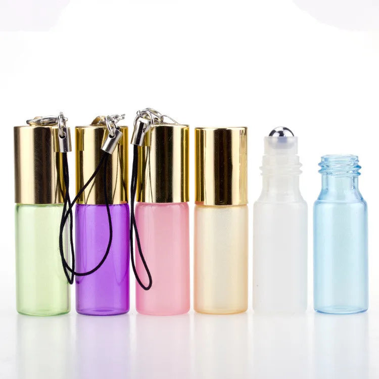 3ml 5ml Pearl Color Glass Roll on Pendant Bottles With Key Chain Gold Cap Metal Ball Perfume/essential Oil Bottle