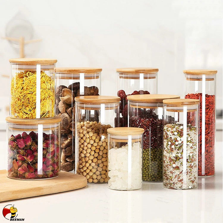 Beeman Bamboo Pantry Glass Ceramic Food Kitchen Storage Bottles Jars Set With Clip Lids