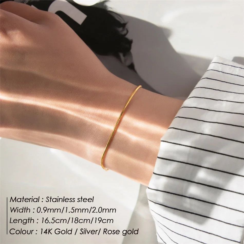 Simple PVD 14K Gold Plated 316L Stainless Steel Snake Chain Bracelet 1.5mm Wide 18cm 19cm Length Trendy Unisex Jewelry