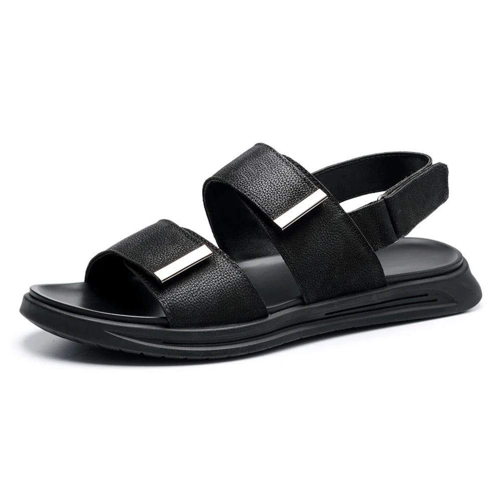 2025 Stylish Men's Genuine Leather Sandals Cool Summer Black Soft-Soled Breathable Trendy  Cowhide Driving Shoes Custom