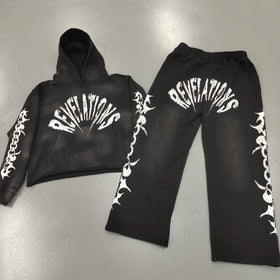 Custom Logo Vintage Distressed Acid Washed Loose Cropped Hoodie Men Raw Hem Hoodies Oversized Tracksuit Sweatpants & Hoodie Set