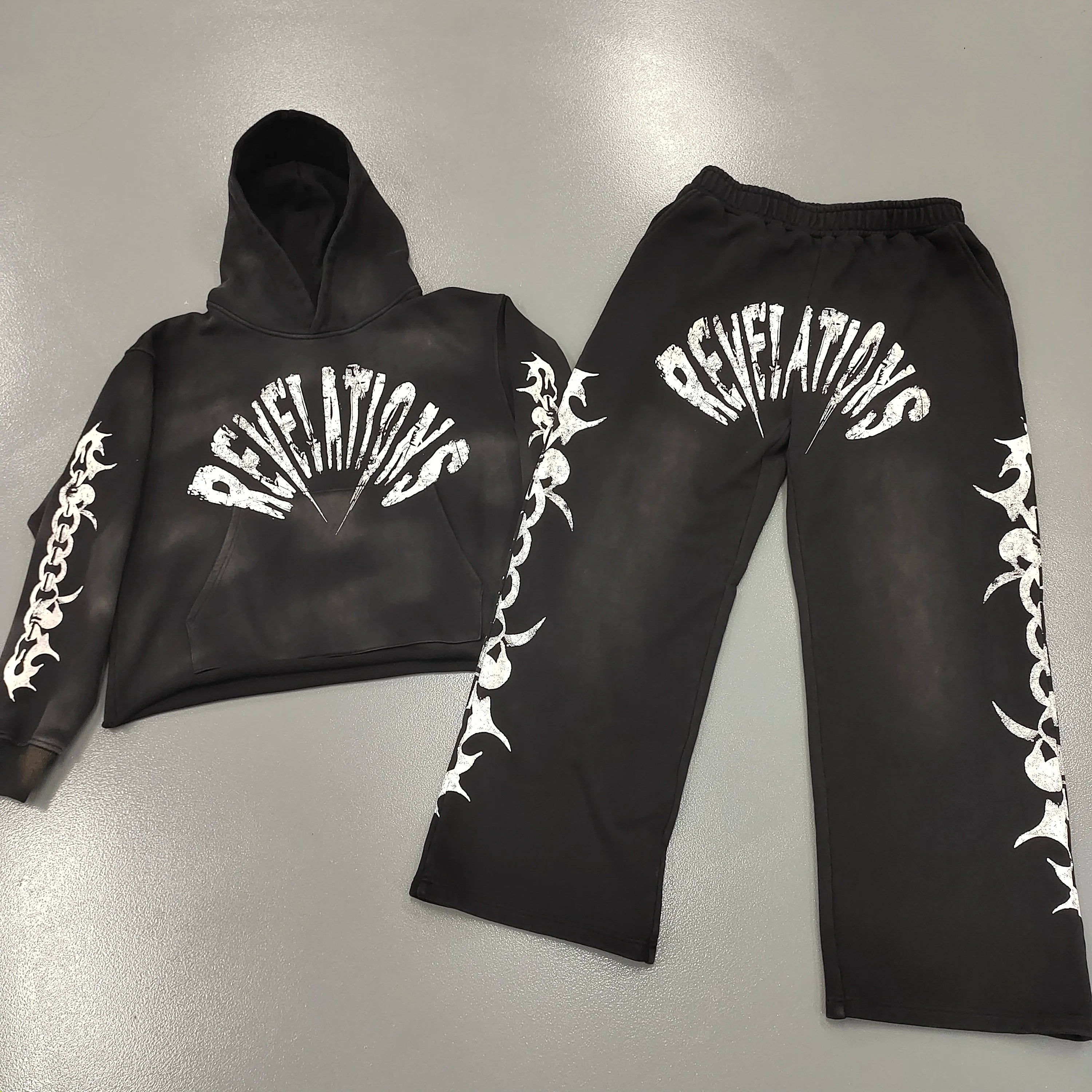 Custom Logo Vintage Distressed Acid Washed Loose Cropped Hoodie Men Raw Hem Hoodies Oversized Tracksuit Sweatpants & Hoodie Set