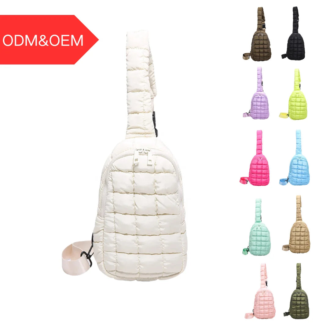 New Korean Light Weight Portable Candy Color Pink Cute Nylon Outdoor Girls Custom Quilted Crossbody Chest Bag Puffy Sling Bag