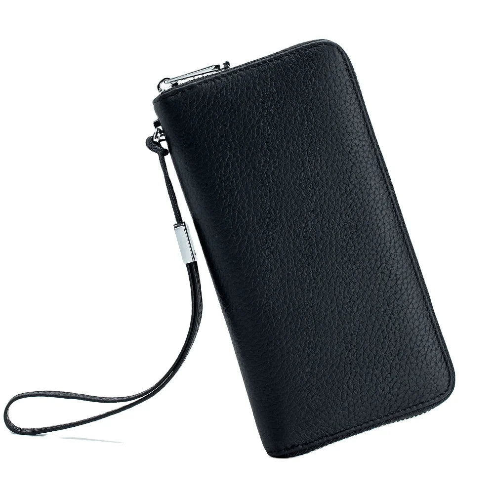 Women's Genuine Leather RFID Wallet with Zipper Closure Long Clutch Simple Money Clip Soft Leather Cell Phone Bag Lady Style