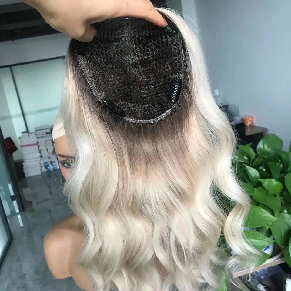 Fish Net Mesh Integration Topper Hair Piece Hair Pull Through Cuticle Aligned Blonde Highlight Balayage Full Fishnet Human Hair