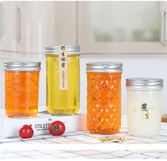 Classic Empty Clear Round Glass Mason Jar 100ml 300ml 500ml Glass Storage Container With Metal Lid for Honey Jam Gherkin Spice