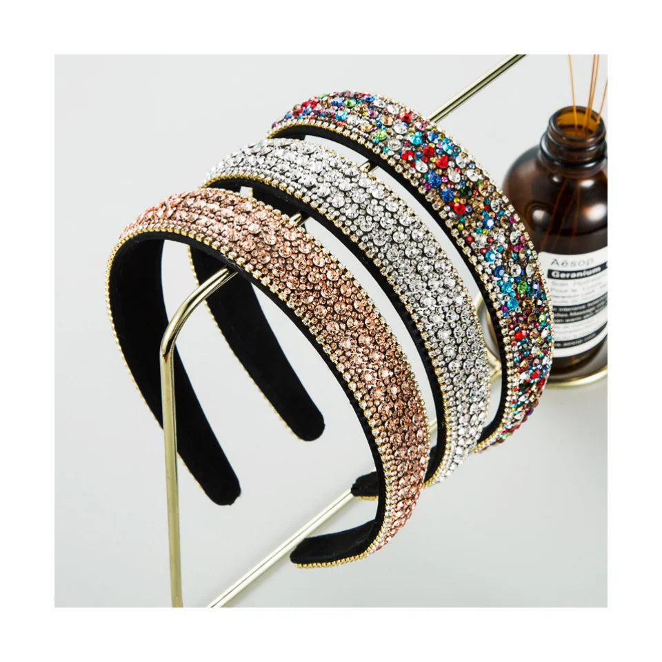 Women Fashion Full Colorful Diamond Hairband Hair Hoop Baroque 25mm Wide Bling Rhinestone Hairband Girls Headbands