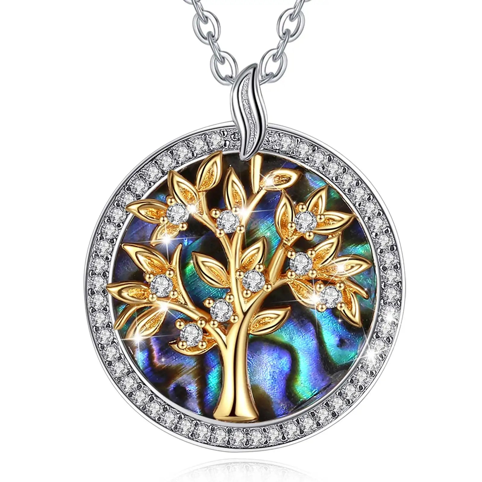 925 Sterling Silver Chakra Tree of Life Charm Necklace Unisex Trendy Link Chain with Mother Pearl Blue Zircon for Weddings Gifts