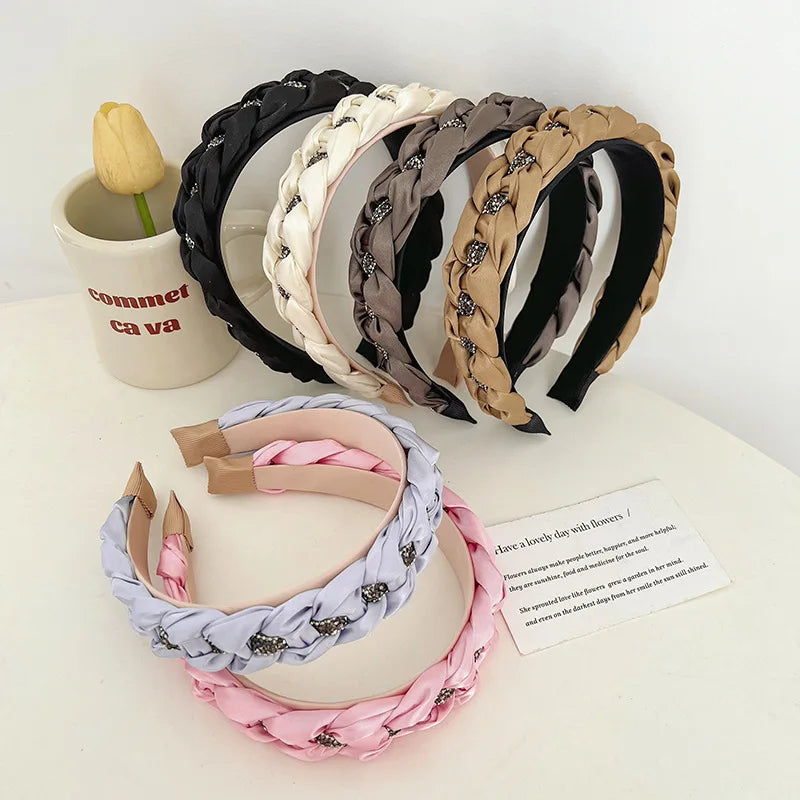 Drill Satin Solid Color Braided Wide Brimmed Headband Temperament Hair Hoop High Fashion Hair Accessories