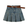 Custom Summer American Vintage Retro Pleated Skirt Slim Denim High Waist Pockets Short Mermaid Skirts Women With Belt