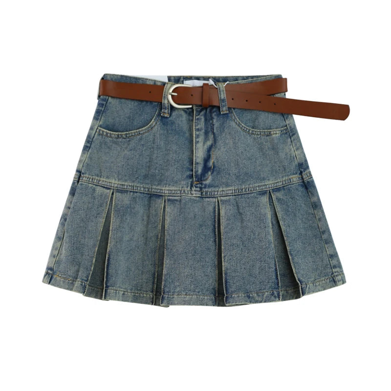 Custom Summer American Vintage Retro Pleated Skirt Slim Denim High Waist Pockets Short Mermaid Skirts Women With Belt