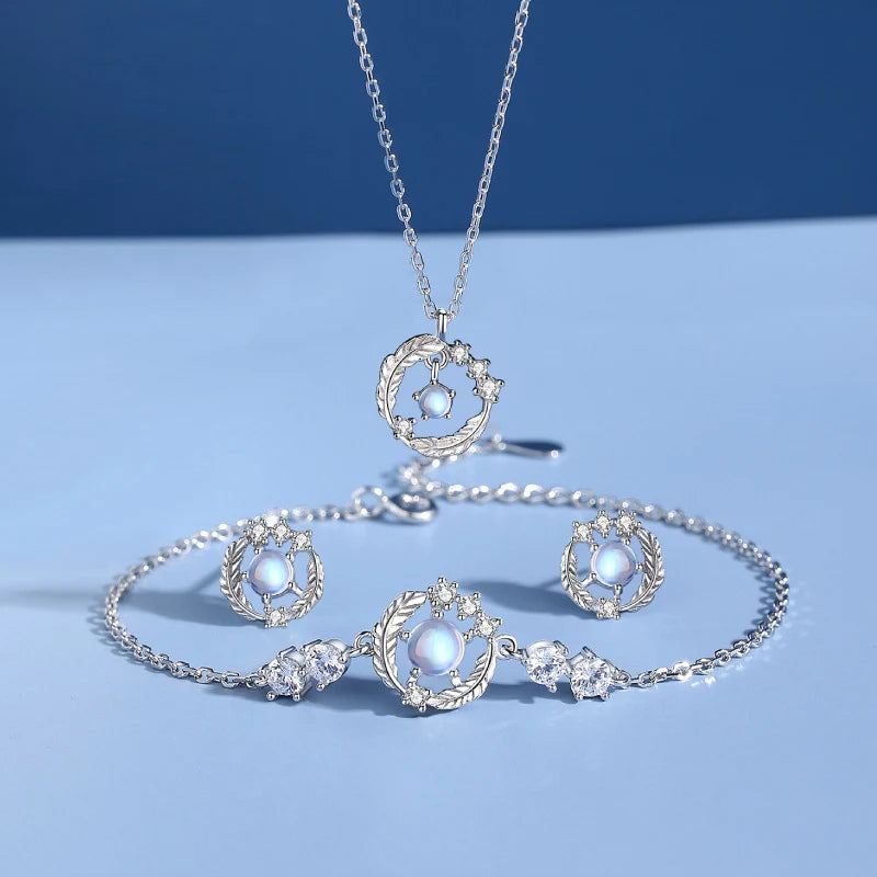 925 Sterling Silver Moonstone Feather Jewelry Set Necklace Earrings Bracelet for Women Wedding Anniversary Gift