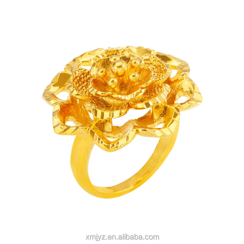 Explosion Models Hollow Big Flower Ring Brass Gold-Plated Niche Ring Female Factory Direct Supply