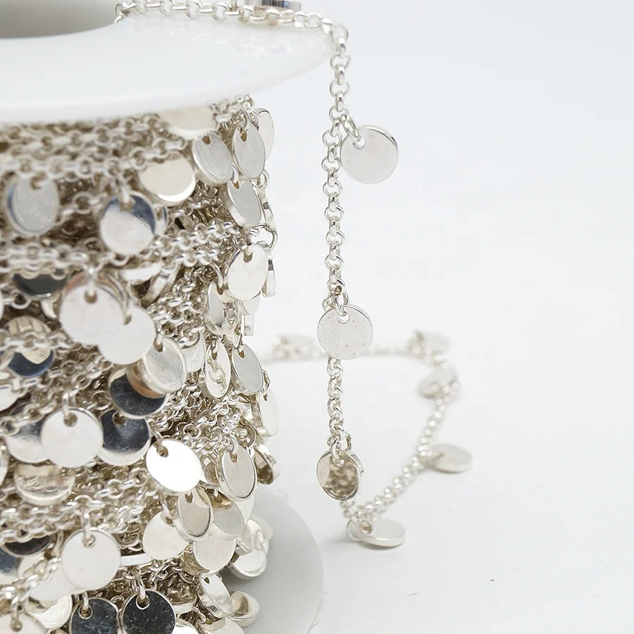 Hot Selling Silver Chain in Meter for Jewelry Necklace Making Rolo Chain with Disc in Roll Sterling Silver Chain