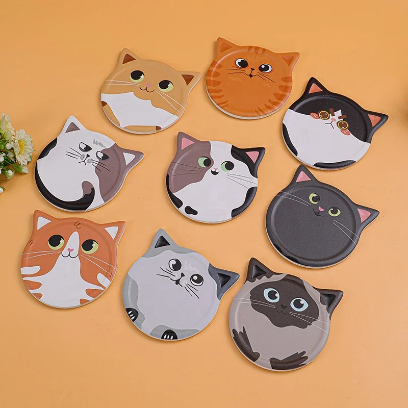 Cute Cat Head Shape Ceramic Coasters with UV Print Custom Logo Absorbent Cork Back for Table Decor