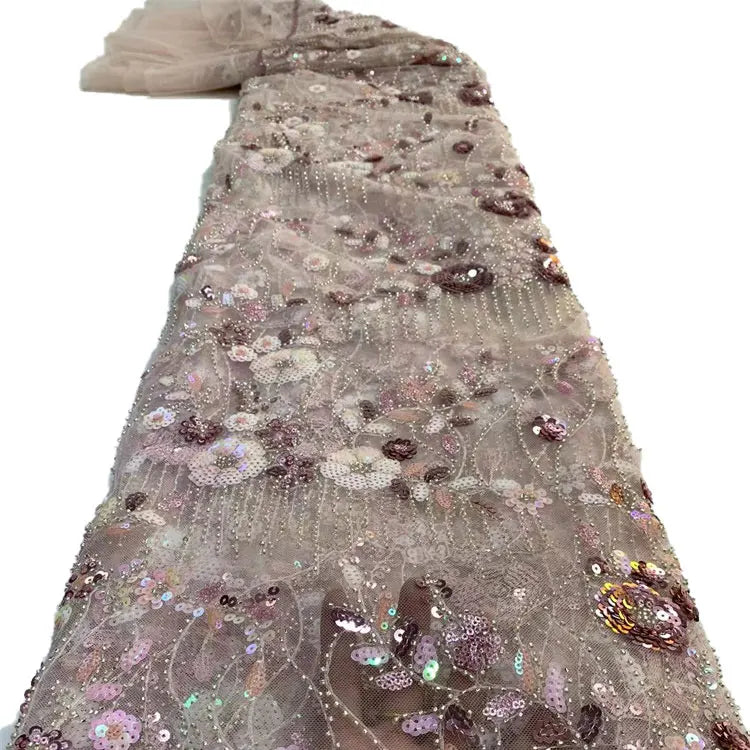 Shing Red Mesh Lace Designs Bridal Beads Embroidery Lace Fabrics With Glitter Sequin for Women