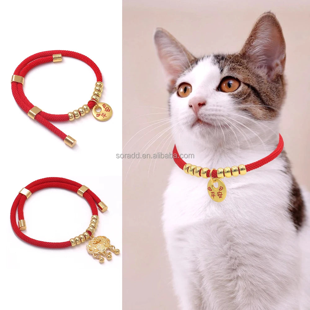 Festive Braided Rope Dog & Cat Collar with Longevity Lucky Charm Pendant Alloy Gold Pet Necklace for New Year Gifts
