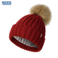 Promotional Custom Logo Hat Pom Pom Beanie Fleece Lining Toque Knitted Ribbed Warm Hat Solid Plain Custom Color Acrylic