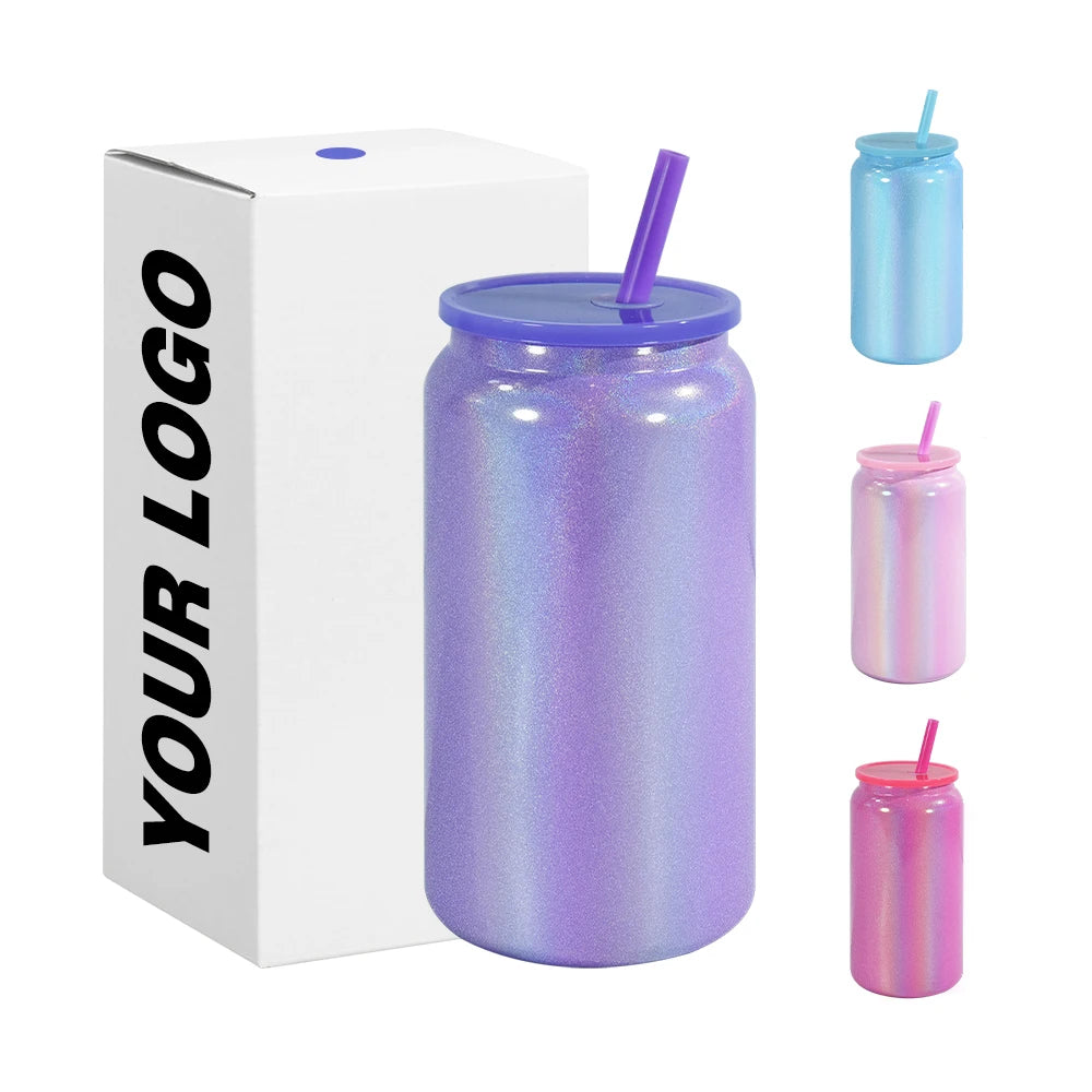 Shimmer Sublimation 16oz Stainless Steel Can Tumbler Holographic Glossy Double Walled Shimmer Sublimation Metal Coffee Can Cups