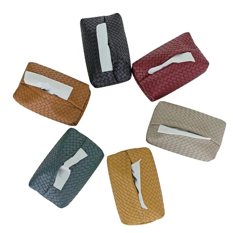 Fashion Braided PU Leather Tissue Box Cover Rectangular Dust-Proof Tissue Box for Car Leather Quilted