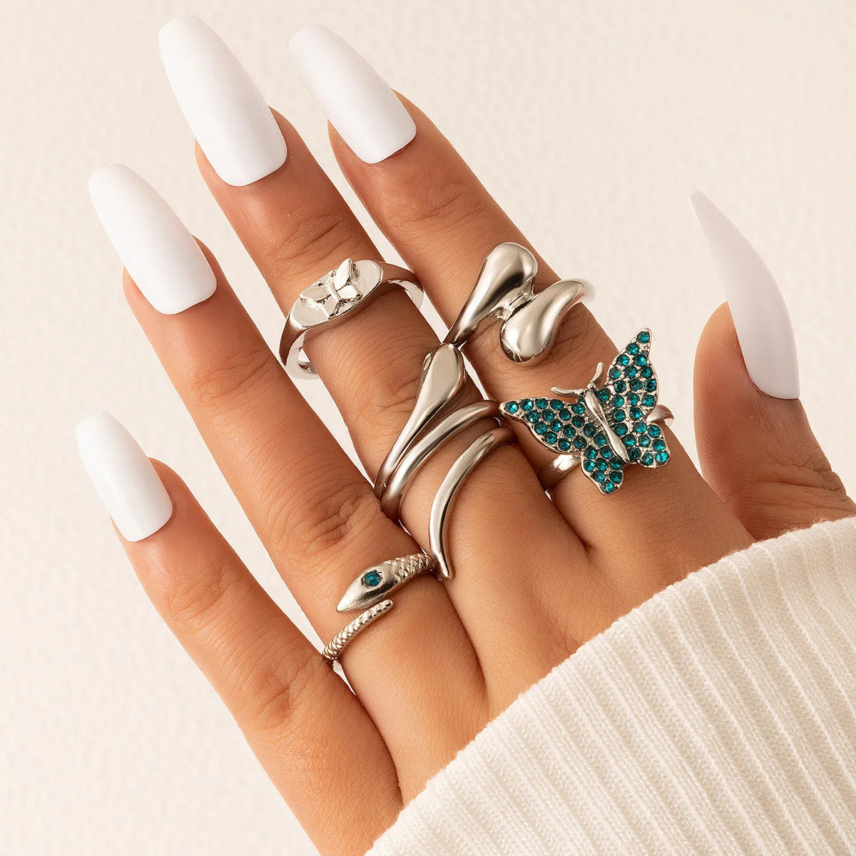 5-piece Set Of Personality Irregular Animal Snake-shaped Ring Retro Rhinestone Butterfly Knuckle Ring Set Female