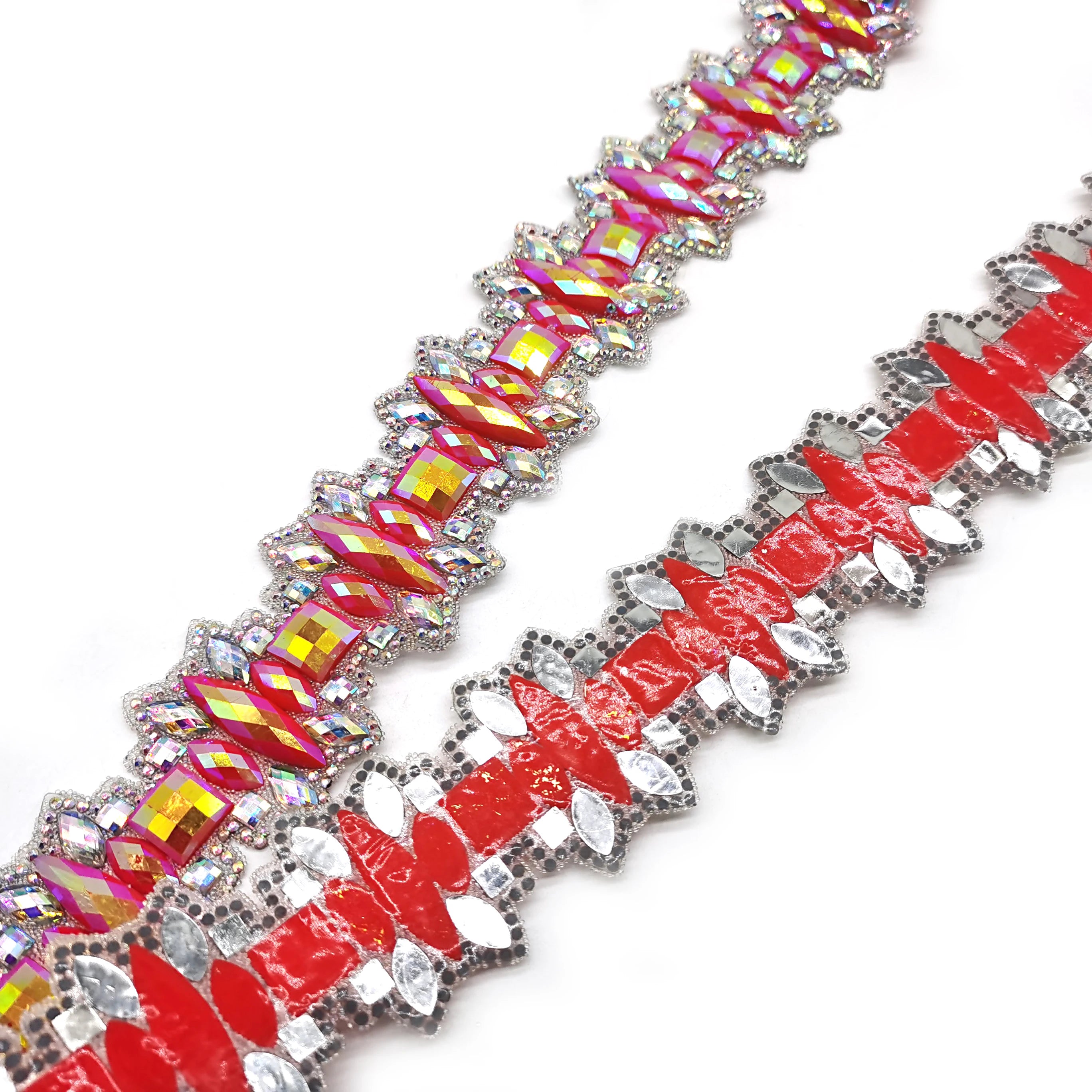Pink AB Rhinestone Applique Trimming Chain Custom Iron on Resin Rhinestones Applique Tape for Carnival Costume Making