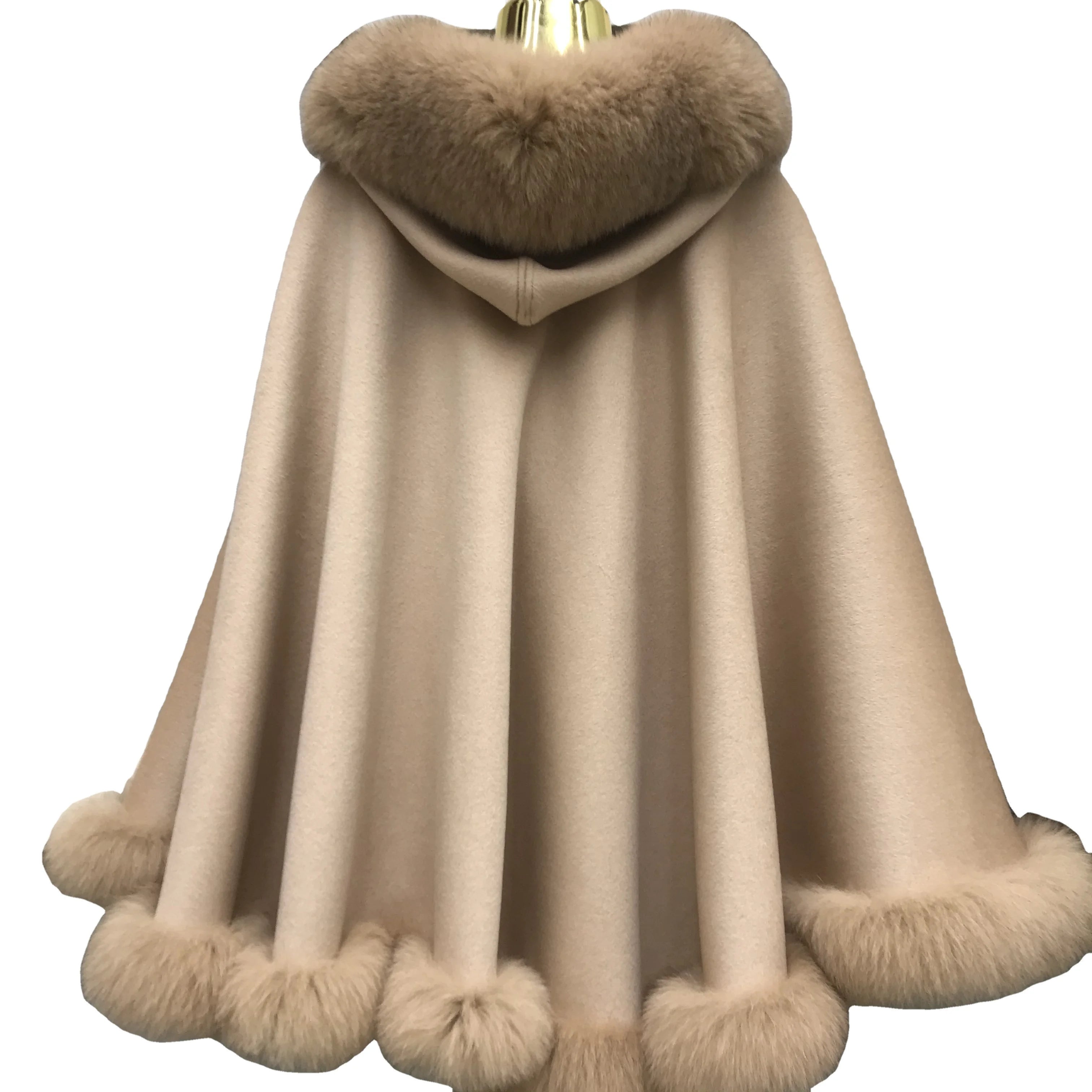 MWfur Women Fashion Luxurious Fox Fur Trimmed Wool Cape Poncho with Hood for Women
