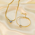 Hot Sale Bling Zircon CZ Gold Heart Shaped Cuban Bracelet Stainless Steel Cuban Link Chain Heart Necklace Jewelry Set