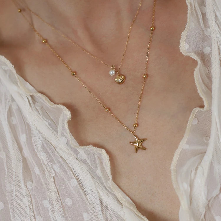 X142 Wholesale Gold Plated Stainless Steel Double Layer Choker Necklace Summer Starfish Shell Pendant Necklace Jewelry for Women