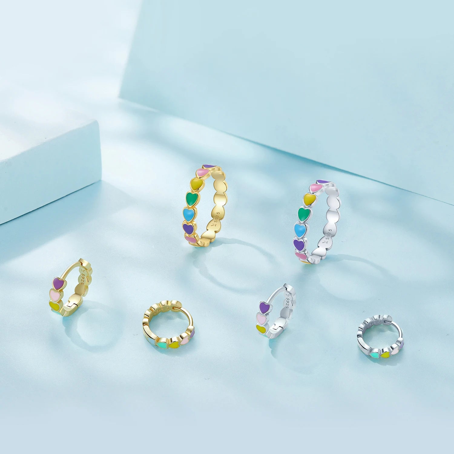 Multi Style Rainbow Heart 925 Sterling Silver Ring Stackable Cubic Zirconia Hoop Earrings Ring Jewelry Set for Gift