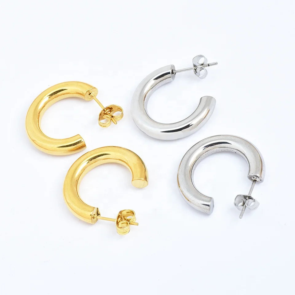 Waterproof Hypoallergenic Ear Ring Jewelry Polished 18K Gold Plated Stainless Steel Stud Tube Hoop Earrings for Women