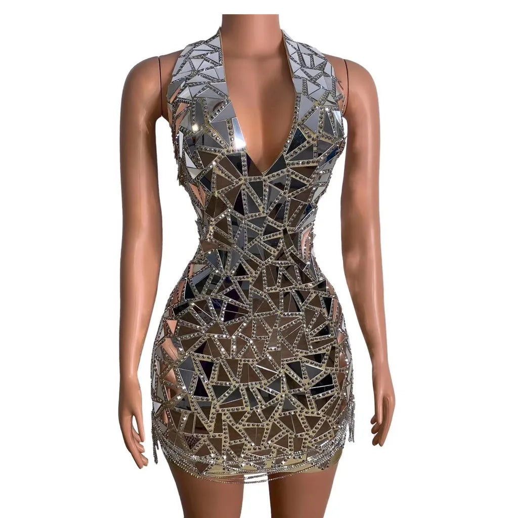 Vestido Sexy Deep V Rhinestone Sequins Hip Wrapped Birthday Party Dress Women Wear Backless Mini Evening Dress Prom Club Dresses
